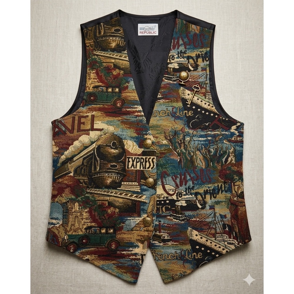 Denim Republic Vintage Tapestry Vest Large Travel Train Ship Steamship 65720T